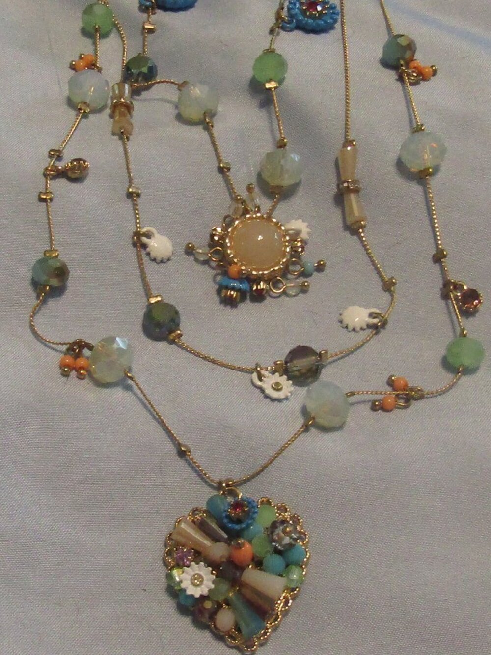 Betsey Johnson Woven 3 Strand Charm Gold-Tone Multi-beaded Illusion Necklace
